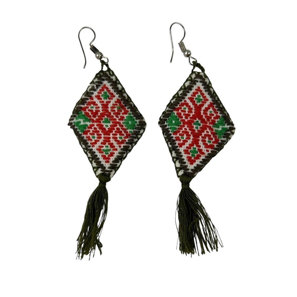 Vintage Nordic Embroidered Tassel Diamond Earrings